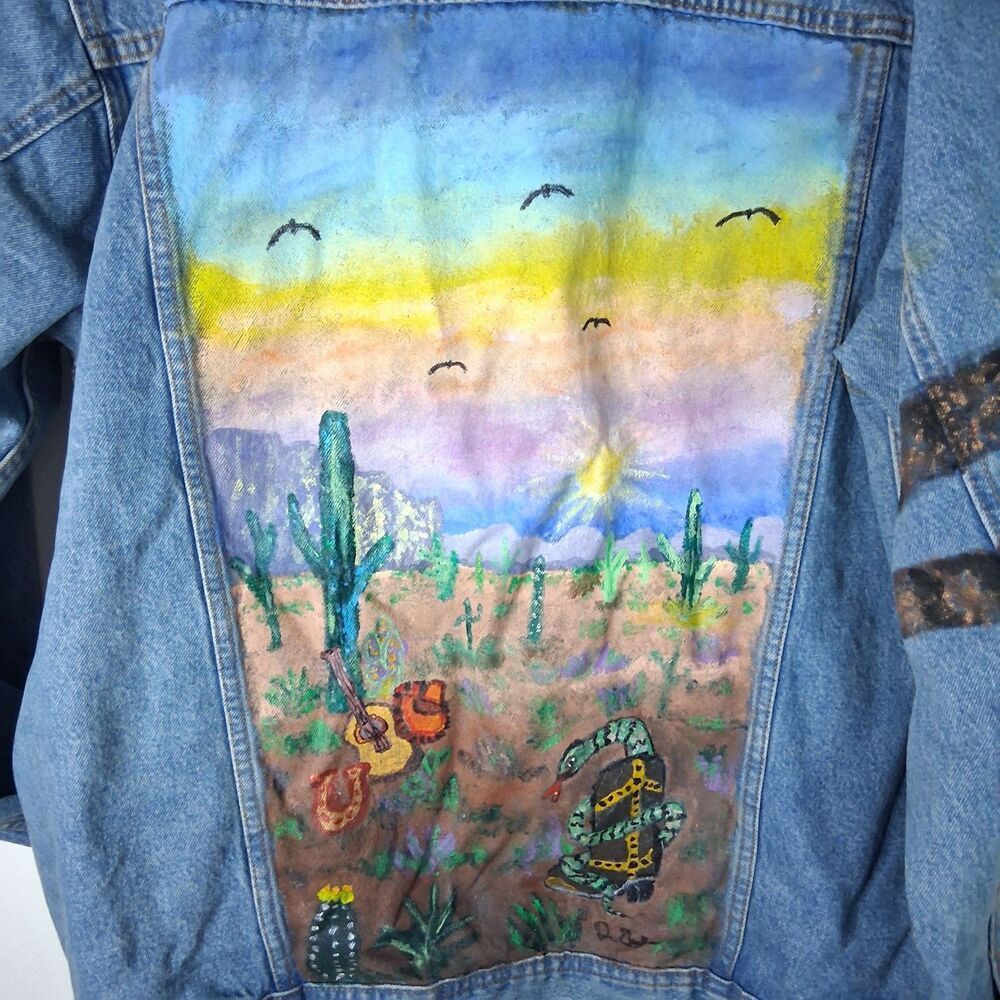 Dgayle Hand Painted Vtg Wrangler Rugged Wear Desert Southwestern Denim Jacket
